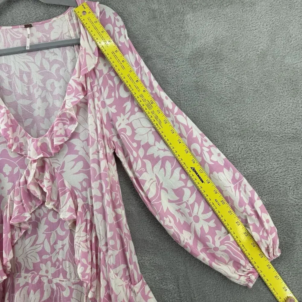 Free People Dress Womens XS Pink Rebecca Floral Ruffle Ballon Long Sleeve V-Neck